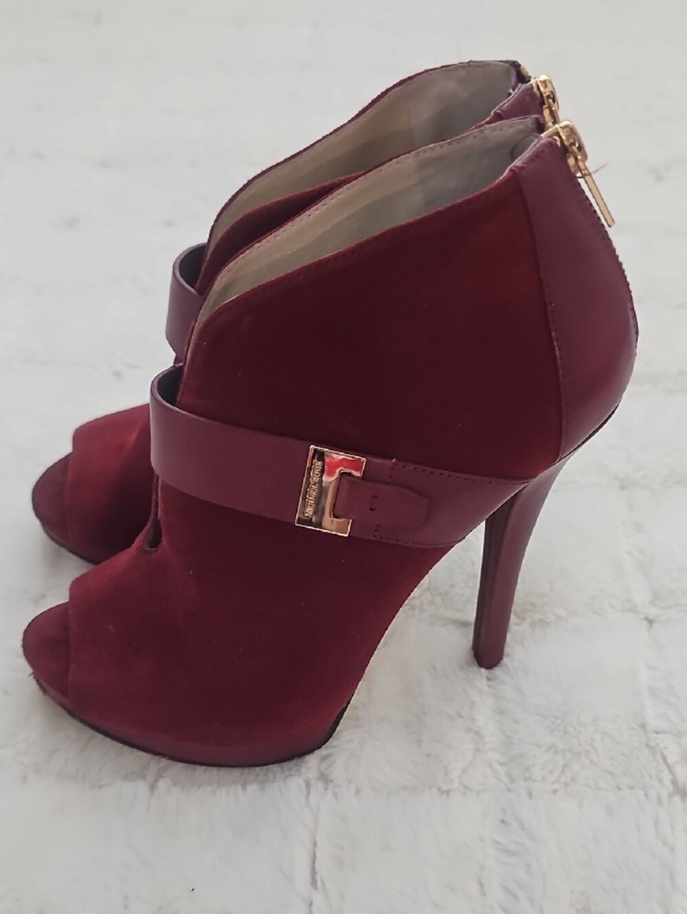 Michael Kors Wine Burgundy Suede Peep-Toe Heeled Booties - Picture 3 of 8